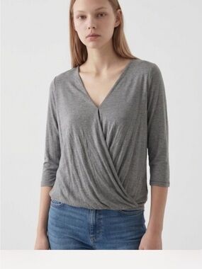 LOFT Gray Wrap Front V-Neck Long Sleeve Top